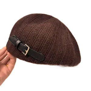 Women's knitted brown beret hat with leather buckle vintage British style winter painter hat