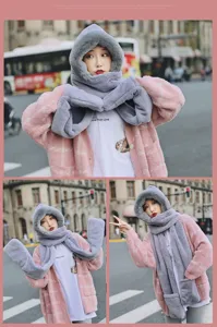2024 Korean faux rabbit fur hooded scarf, hat and gloves three-piece warm winter set detail.