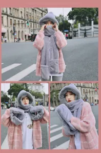 Details of fuzzy hooded scarf gloves set and pink plaid coat for cozy winter warmth.
