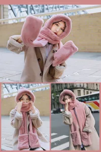 Korean style solid color faux rabbit fur hooded scarf winter warm hat gloves set for women