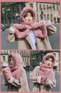 Pink faux rabbit fur hooded scarf winter warm hat gloves three-piece set for women stylish.