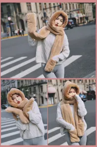 Korean solid faux rabbit fur hooded scarf winter warm hat gloves 3-in-1 set khaki
