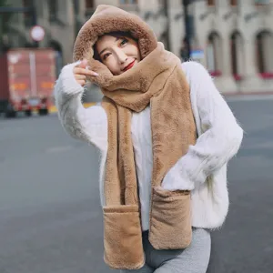 Korean Style Faux Rabbit Fur Hooded Scarf And Glove Integrated Set Solid Color Winter Warm Plush Neck Warmer Cap For Women