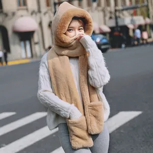 Korean style solid color faux rabbit fur hooded scarf, winter warm 3-in-1 hat and gloves.