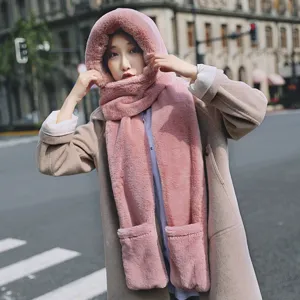 Korean style solid color plush hooded scarf winter warm thick plush hat and gloves three-piece set