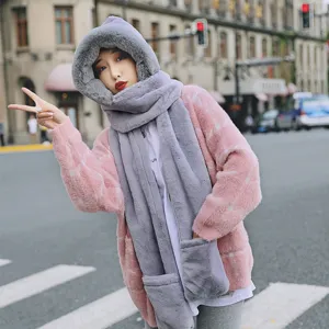 Faux rabbit fur hooded scarf hat gloves three-piece set winter warm grey pink fleece