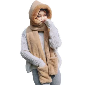 2024 Winter Faux Rabbit Fur Hooded Scarf Women Warm Three-in-One Hat and Gloves Solid Color