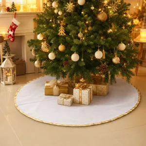 Christmas Tree Skirt Polyester Non-Woven Embroidered Round Xmas Tree Base Cover For Holiday Party Home Decoration Red White Gold