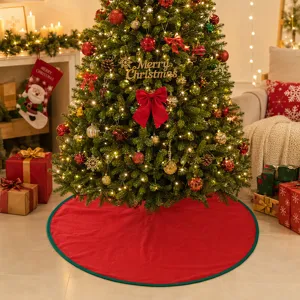 Red Christmas tree skirt with green border, perfect holiday decor for festive home setup.