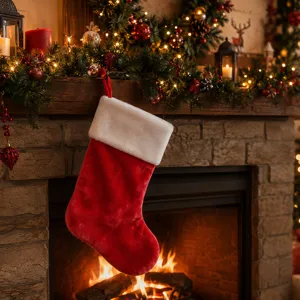 Large plush Christmas stocking detail, thick red and white holiday gift bag decoration.