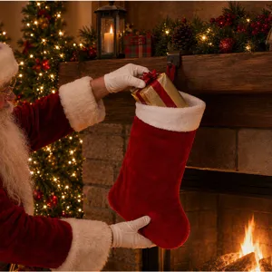 Large red plush Christmas stocking scene detail, cozy fireplace holiday hanging gift bag.