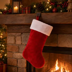 Detailed view of a thick plush red and white Christmas stocking hanging on a warm cozy fireplace.