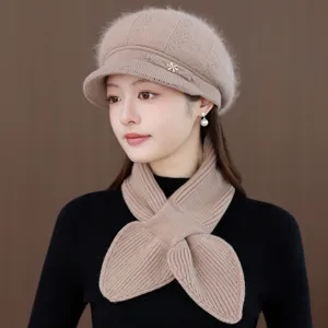 Autumn winter wool knitted hat and scarf set, stylish warm beret newsboy cap for women.