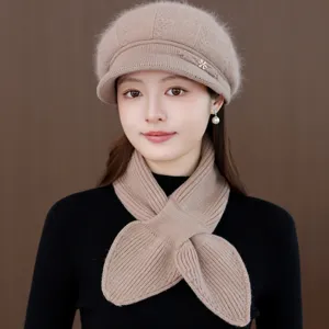 Autumn winter women wool knit beret hat and scarf set warm elegant casual fashion accessory.