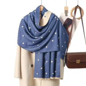 Blue and white heart pattern winter warm cashmere-feel scarf and fashion shawl for women.
