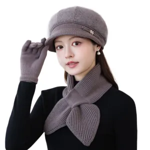 Women's winter knitted beret hat matching scarf and gloves set warm stylish greyish brown