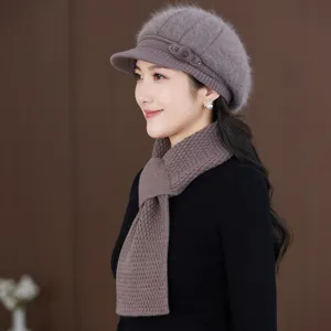 Detail view of the warm knitted beret and scarf set, featuring soft plush fleece lining.