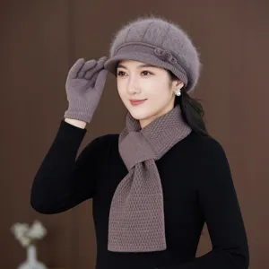 Winter warm knitted beret scarf gloves set for women, thick cozy fleece winter cold weather gear.