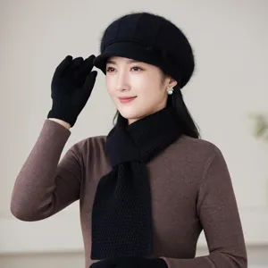 Autumn winter warm knitted beret scarf gloves set for women, solid color thick thermal hat.