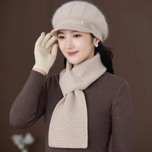 Cozy autumn winter beige knit beret scarf gloves set, warm solid color fashion accessory.