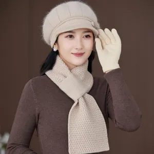 Winter warm knit beret hat, scarf and gloves set in solid beige for women daily wear style.