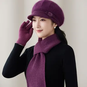 Winter warm purple knitted beret scarf and gloves set for women, soft cozy cold weather wear.