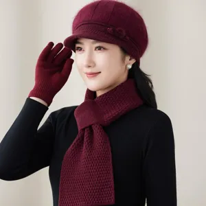 Cozy winter knitted hat scarf and gloves set in deep red, elegant daily wear details.