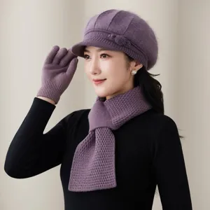 Cozy winter purple knitted hat scarf gloves set for women, warm fleece lined thermal cap.