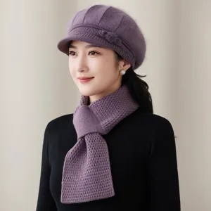Winter purple knit beret and scarf set, plush thickened warm painter hat for women.