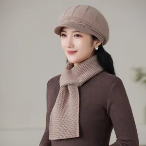 Autumn winter knit beret hat and scarf set for women, warm solid color stylish daily wear.