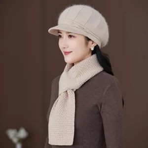 Winter warm knitted beret and matching scarf set for women, elegant solid color cold-proof hat.