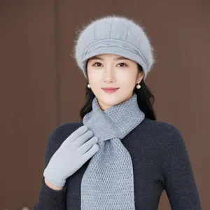 Women winter warm knitted beret hat scarf and gloves set thickened cozy fleece grey