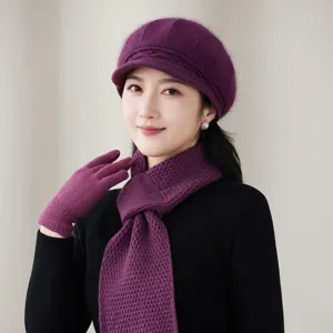 Winter warm plush beret scarf gloves set for women, thickened thermal solid color hat.