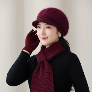 Winter warm knitted beret hat scarf and gloves set for women thick fleece lined solid color