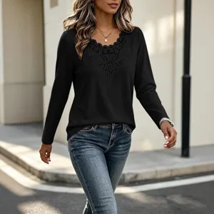 Women long sleeve waffle knit t-shirt with elegant lace v-neck patch, casual top for autumn.