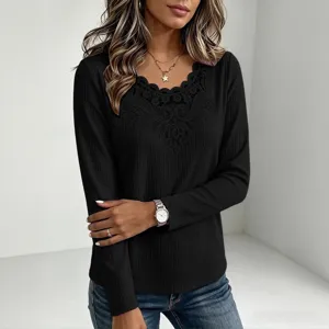 Close-up detail view of the elegant lace trim V-neck waffle long sleeve top texture.