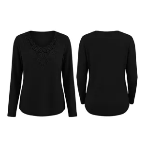 Black long sleeve waffle knit t-shirt with delicate lace trim neckline, front and back view