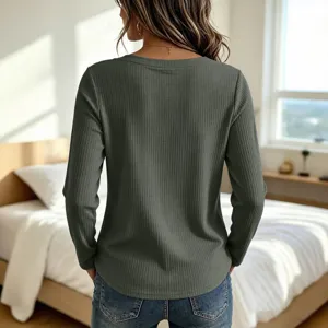 Detailed back view of dark green waffle knit long sleeve t-shirt, casual women's top.