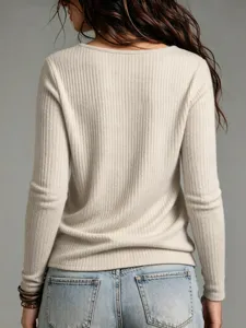 Camiseta de punto acanalado de manga larga lisa para mujer top casual otoño ropa