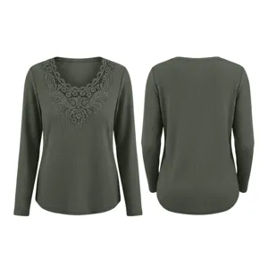Waffle knit long sleeve t-shirt for women, casual v-neck lace patchwork autumn top.