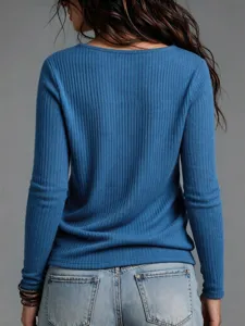 Top de punto de manga larga acanalado liso casual para mujer, moda de otoño cómoda.