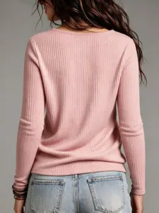 Mujer camiseta manga larga rosa punto canalé casual lisa otoño top básico cómodo