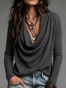 Top de jersey de punto de manga larga liso para mujer, moda de otoño casual diario