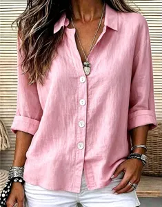 Damen Freizeithemd Langarm Baumwolle Leinen Rosa Revers Knopfleiste Shirt Oberteile