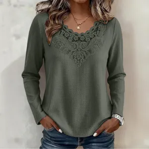 Women long sleeve waffle knit t-shirt with lace V-neck casual top for autumn winter fashion.