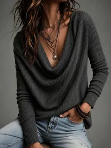 Top de camiseta de punto de manga larga casual para mujer, estilo otoño liso.