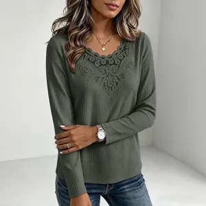 Women's casual long sleeve waffle knit t-shirt with elegant lace v-neck patchwork design.
