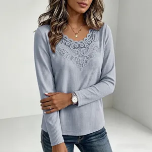 Women casual long sleeve waffle knit t-shirt with elegant lace trim V-neck design top