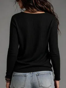 Mujer top de punto de manga larga acanalado negro casual camiseta lisa vista trasera