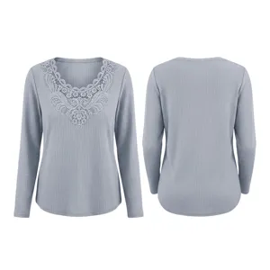 Grey waffle knit long sleeve t shirt for women with elegant lace v-neck trim casual top